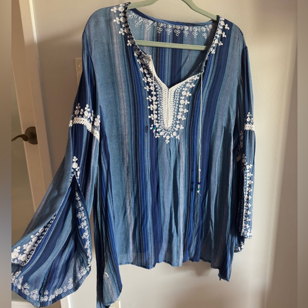 Bohemian Soft Cotton Blue Striped Tunic Swim Cover Top with Embroidery Detail XL